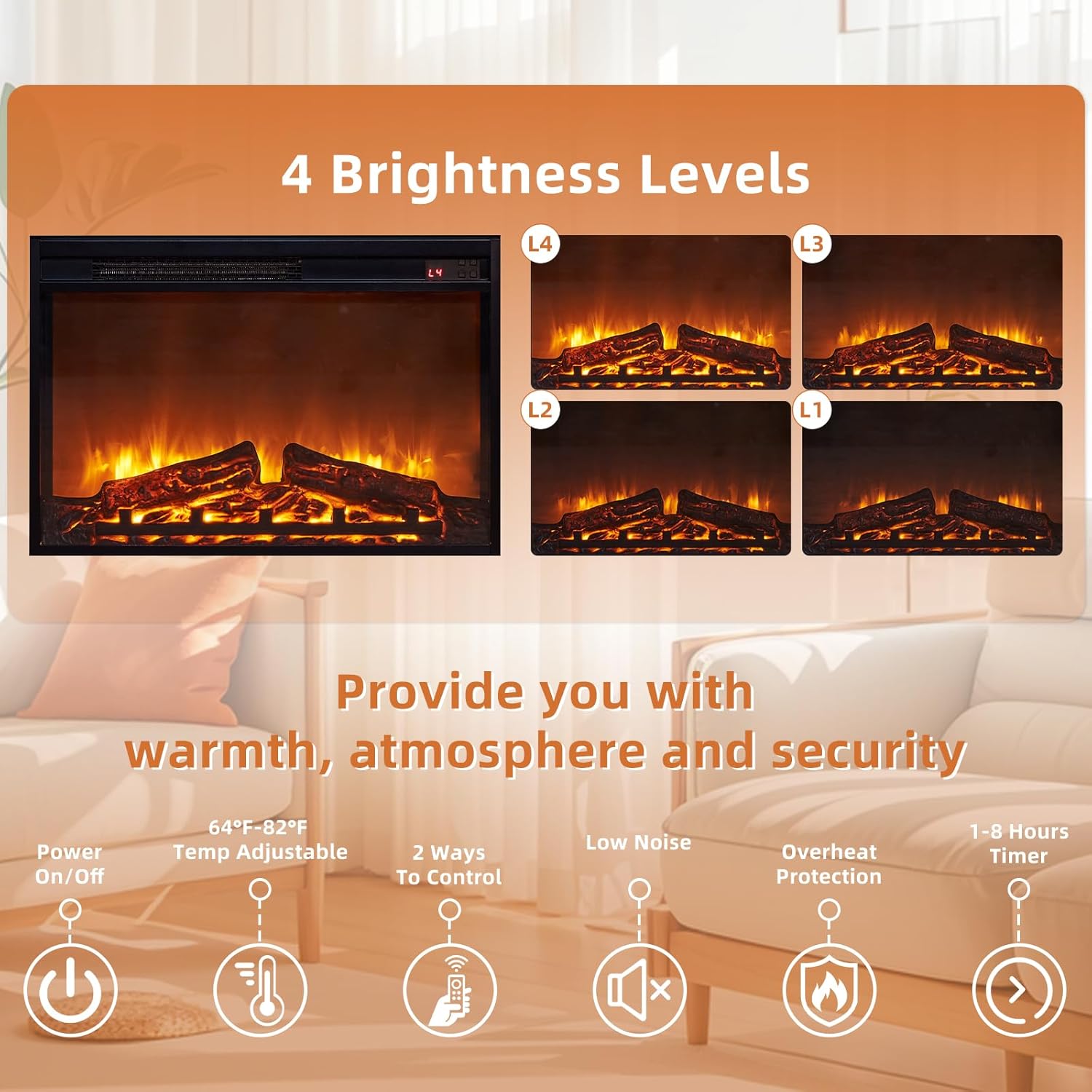 Electric fireplace insert in blue TV stand with LED brightness levels shown