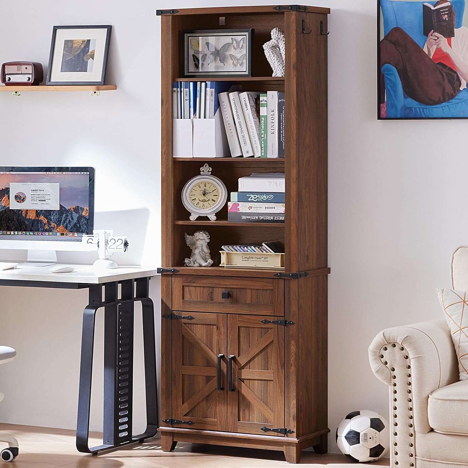 72in Tall Bookshelf 7 Tier Bookcase with Drawer and Barn Doors and Adjustable Shelves, Black Farmhouse Book Shelf with Storage Cabinet, Wood Freestanding Display Bookshelves for Living Room