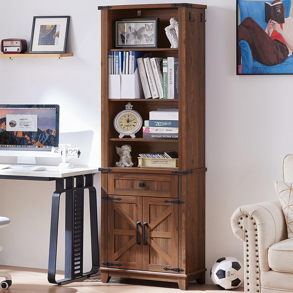 Wood bookcase with open top shelves, framed panels, and lower drawer with doors