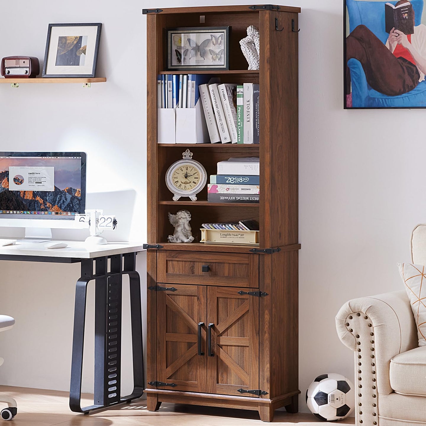 Brown tall bookcase with open shelves, lower drawer, and two door cabinet panels