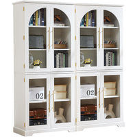 White tall bookshelf with curved arched glass doors and multiple open storage compartments
