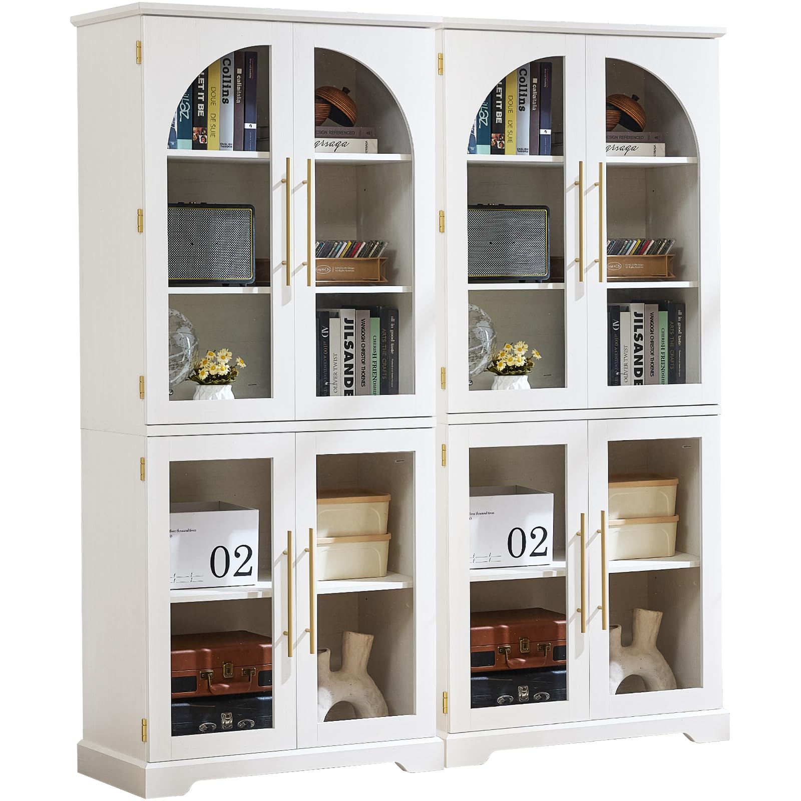 White tall bookshelf with curved arched glass doors and multiple open storage compartments