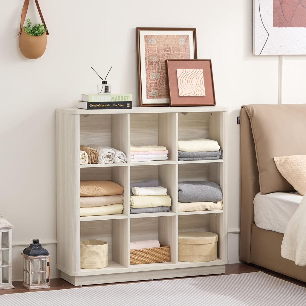 Natural oak cube storage book shelf with 8 open cubbies for books and linens