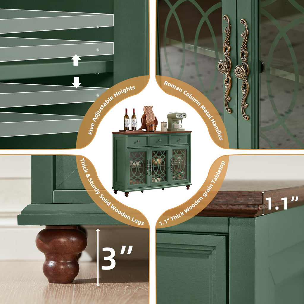 Farmhouse sideboard buffet cabinet in dark green with drawers and glass-door storage