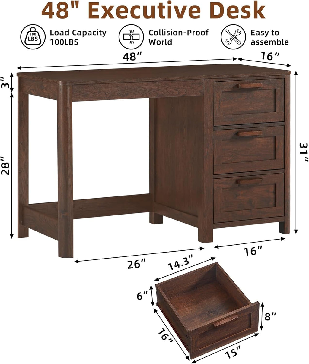 48'' Farmhouse Executive Desk with Storage, Wooden Home Office Desk with Drawer and Vintage Handle, Large Computer Writing Desk for Study, Bedroom, Living Room （Dark Walnut）
