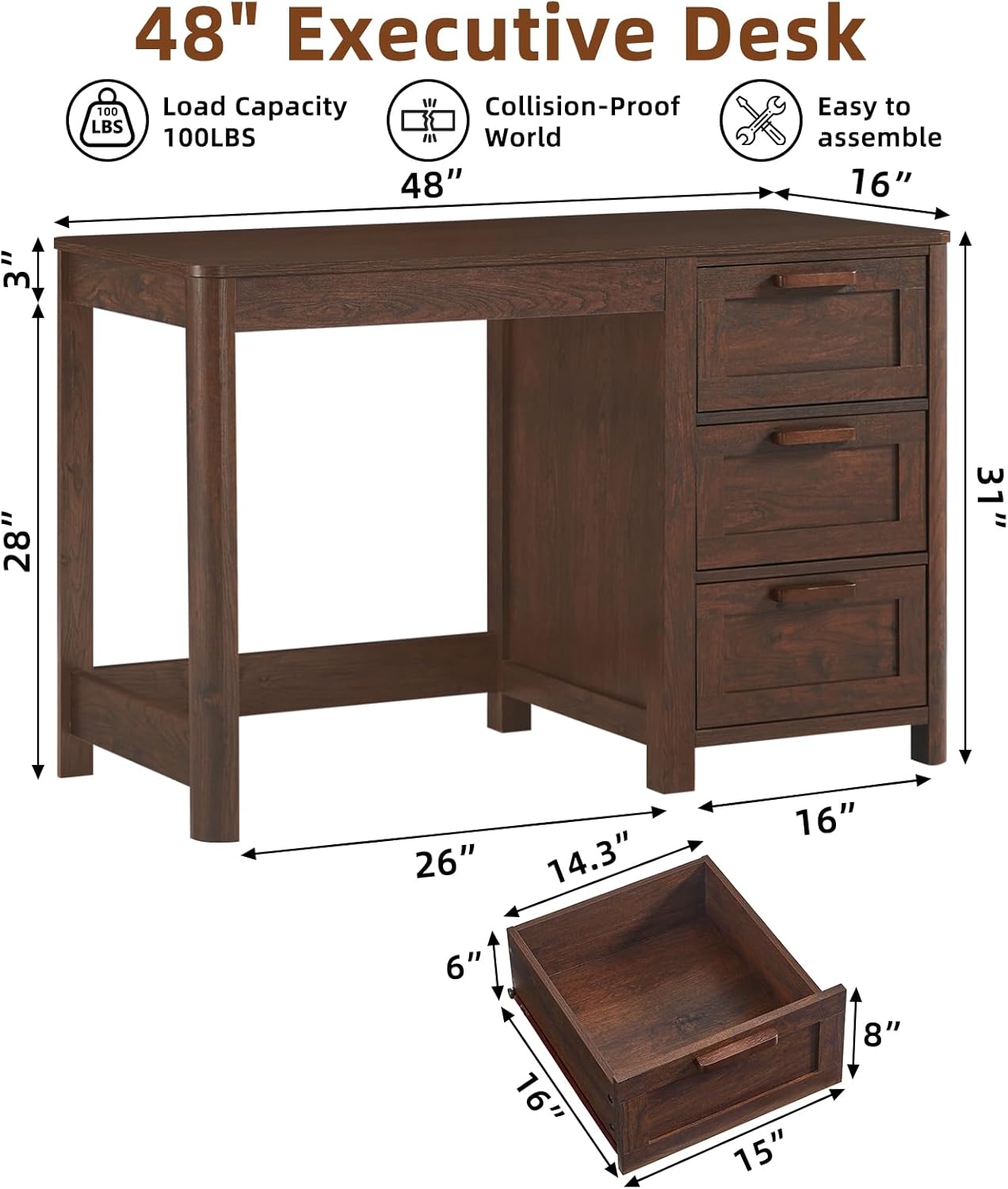 Dark walnut executive desk with side drawers, 48-inch size; anti-collision design