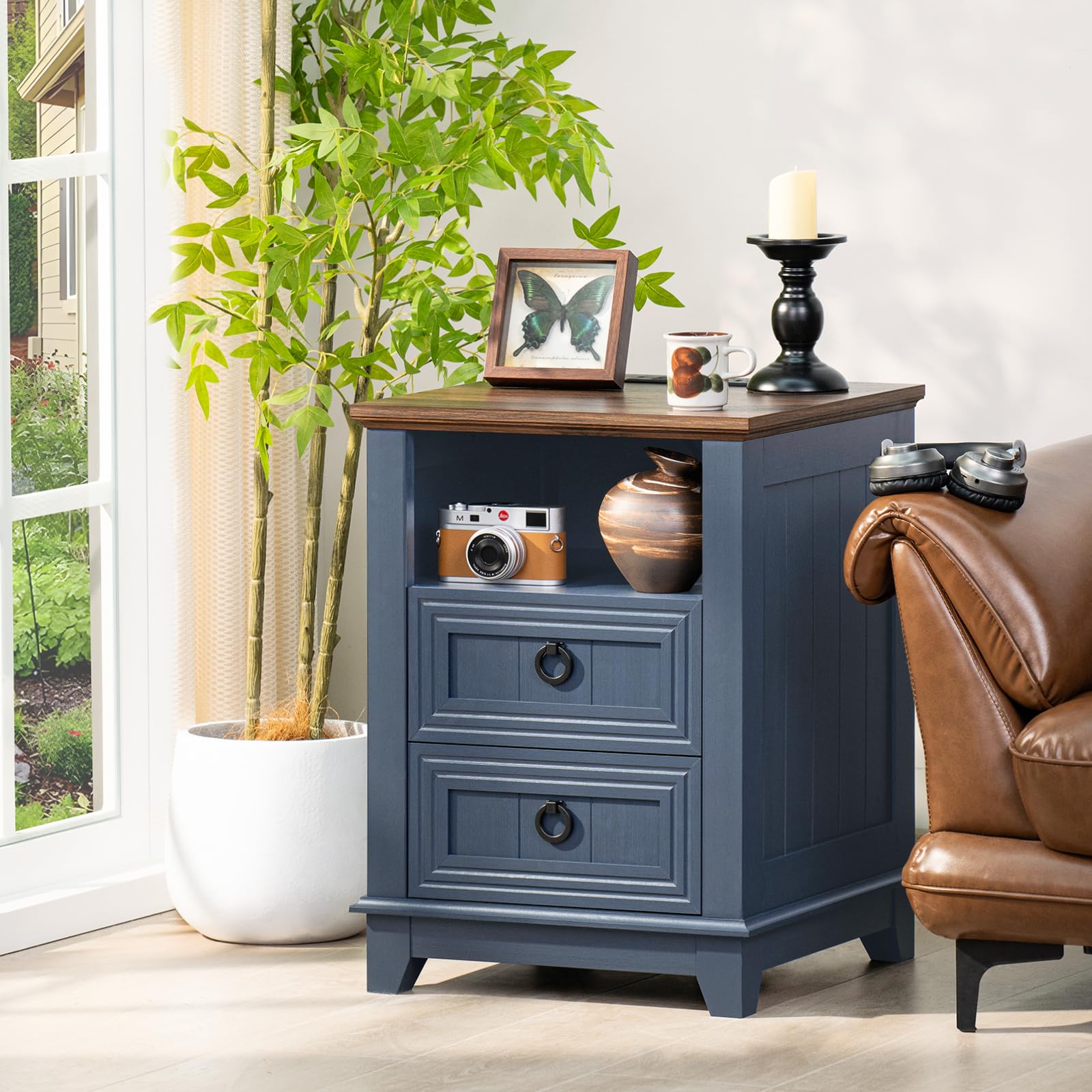 Blue nightstand cabinet with wood top and two drawers with round metal pull handles