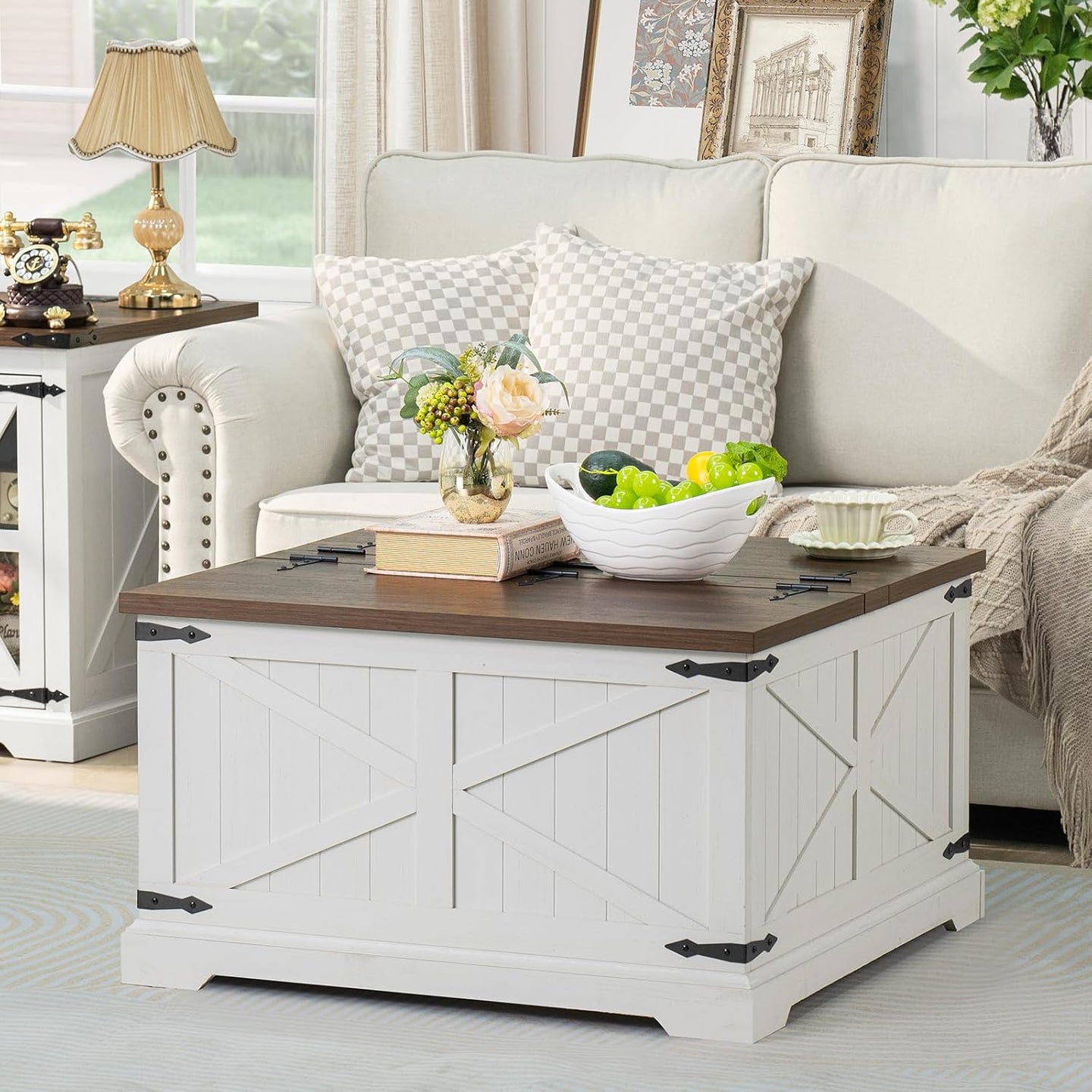 White farmhouse coffee table with flip-top lid and hidden storage, square shape