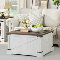 White farmhouse coffee table with flip-top lid and hidden storage, square shape