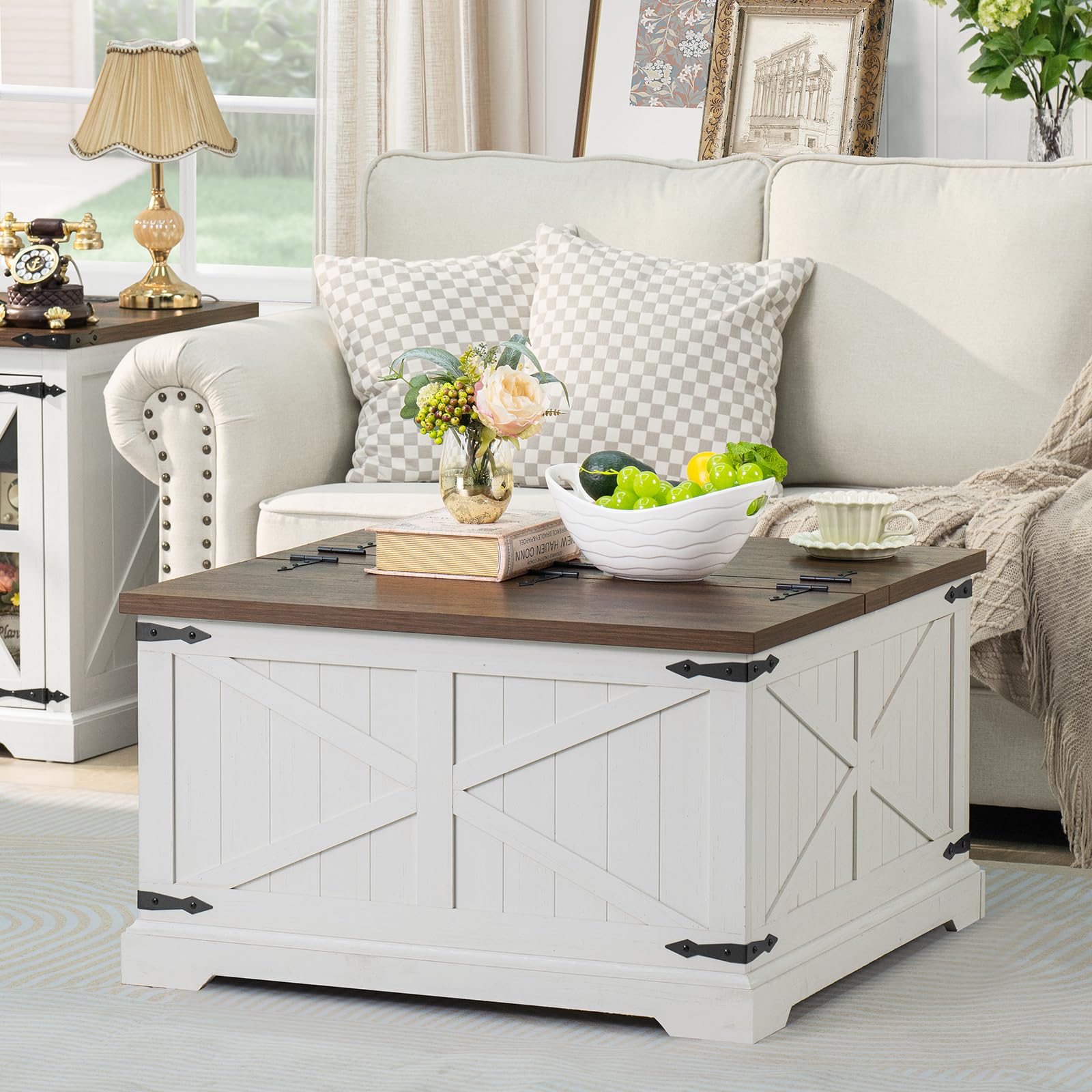Farmhouse Coffee Table with Large Hidden Storage Compartment, Navy Blue Square Center Table, Wood Rustic Low Modern Living Room Tables with Hinged Lift Brown Top & Wooden Arc Base