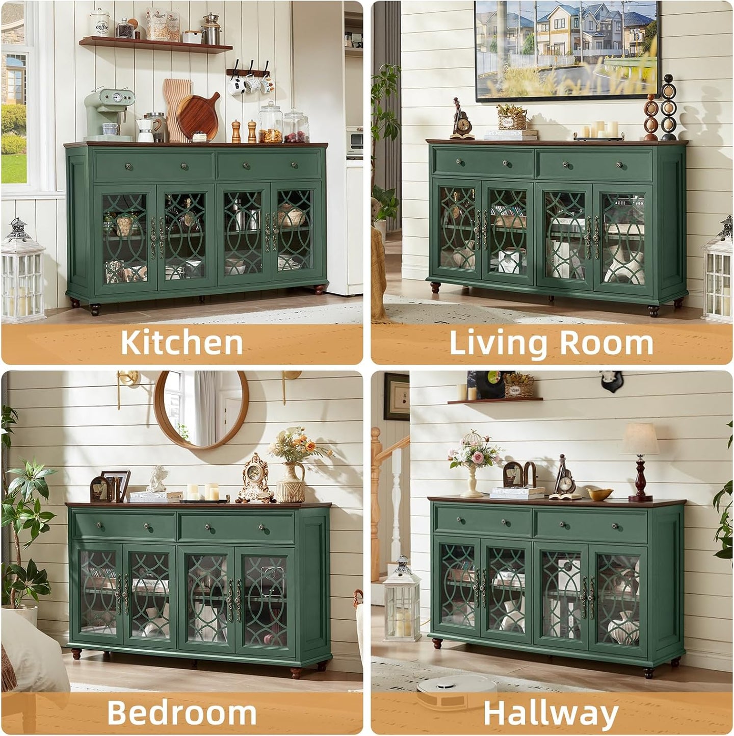 Green sideboard cabinet with arched glass doors and multiple drawers on turned legs