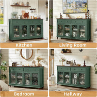 Green sideboard cabinet with arched glass doors and multiple drawers on turned legs