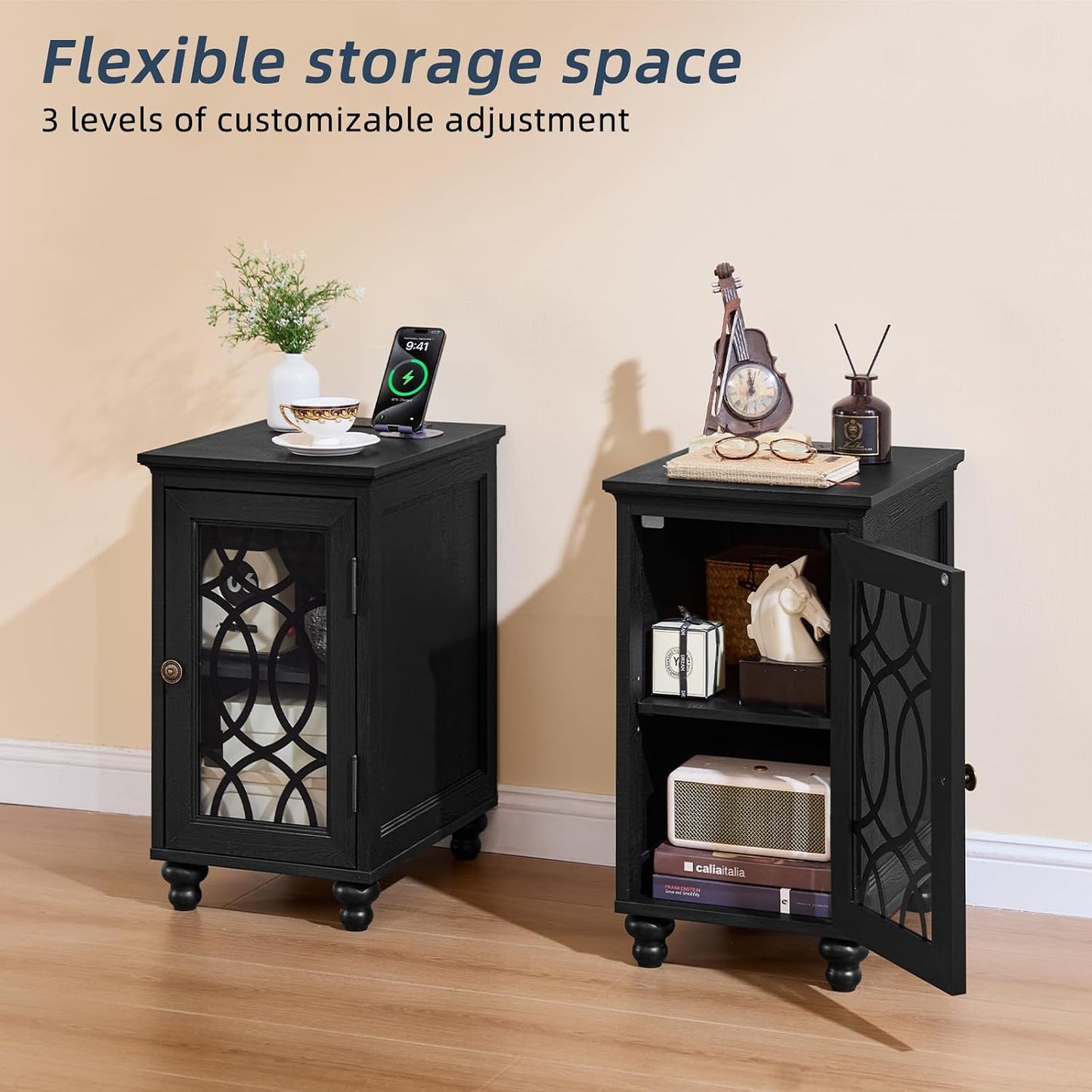 Narrow Side Table with Charging Station, Night Stand with Glass Door, Bedside End Tables with Adjustable Shelf Storage Cabinet,Wood Nightstand for Small Spaces Living Room Bedroom