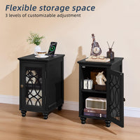 Narrow Side Table with Charging Station, Night Stand with Glass Door, Bedside End Tables with Adjustable Shelf Storage Cabinet,Wood Nightstand for Small Spaces Living Room Bedroom
