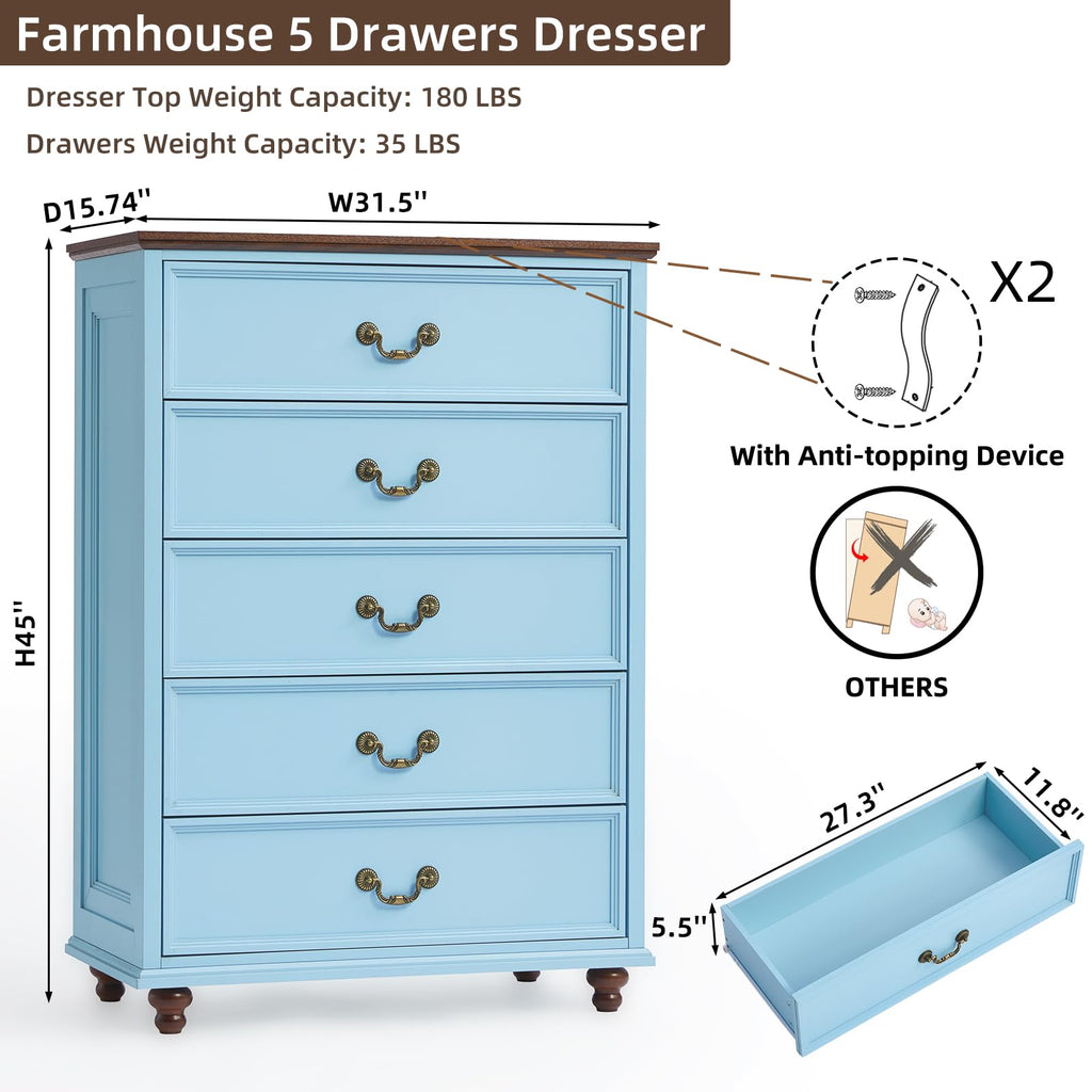 Blue 5-drawer dresser with anti-tipping device and drawer storage compartment