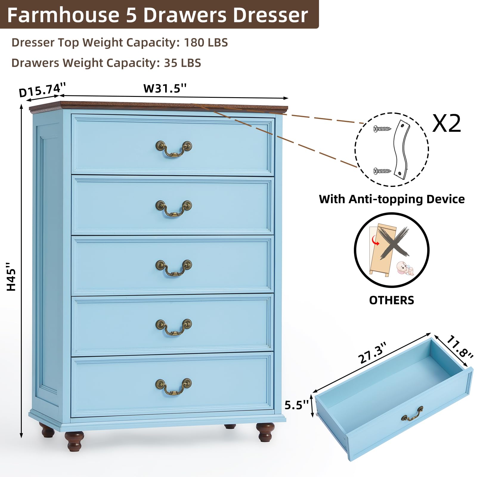 Blue 5-drawer dresser with anti-tipping device and drawer storage compartment