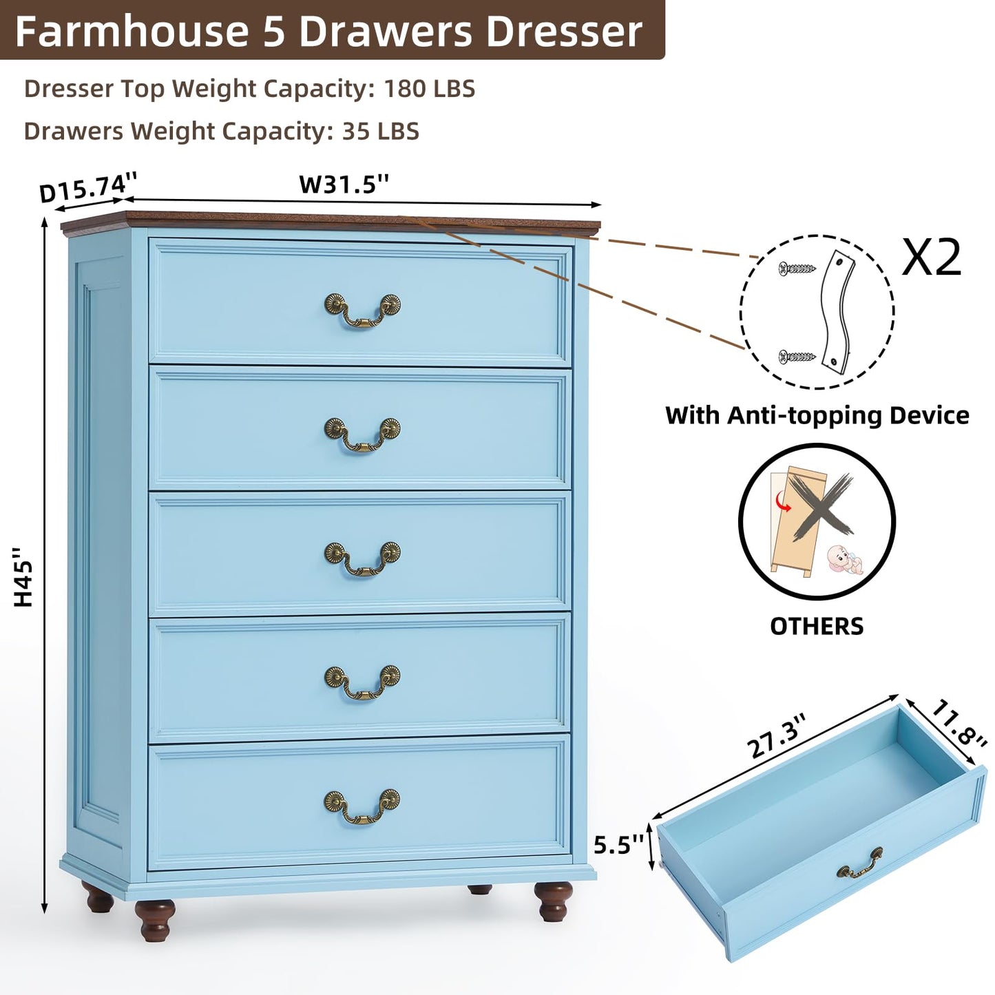 Blue farmhouse 5-drawer dresser with brass knob handles and wooden feet