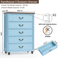 Blue farmhouse 5-drawer dresser with brass knob handles and wooden feet