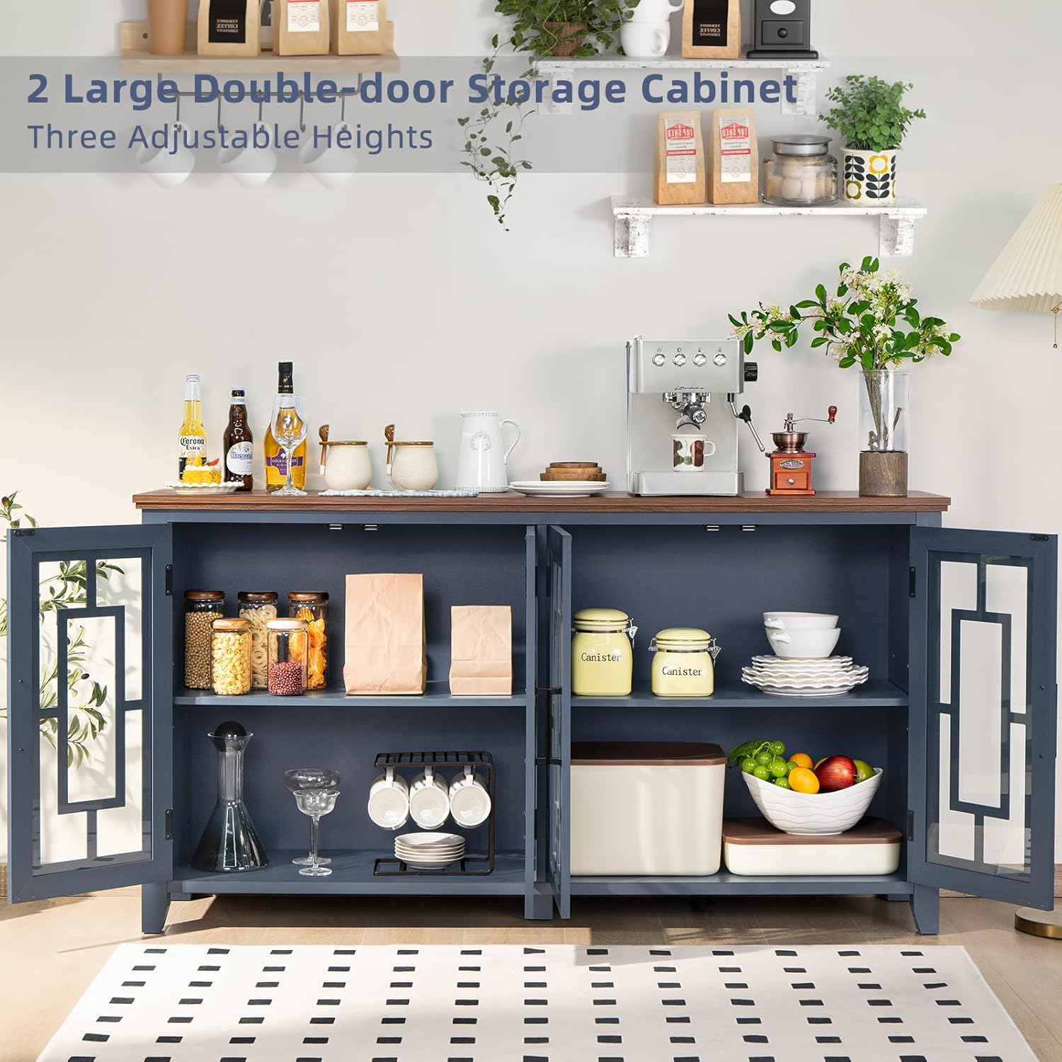 Sideboard buffet cabinet with open double doors showing shelves and storage items, dark finish