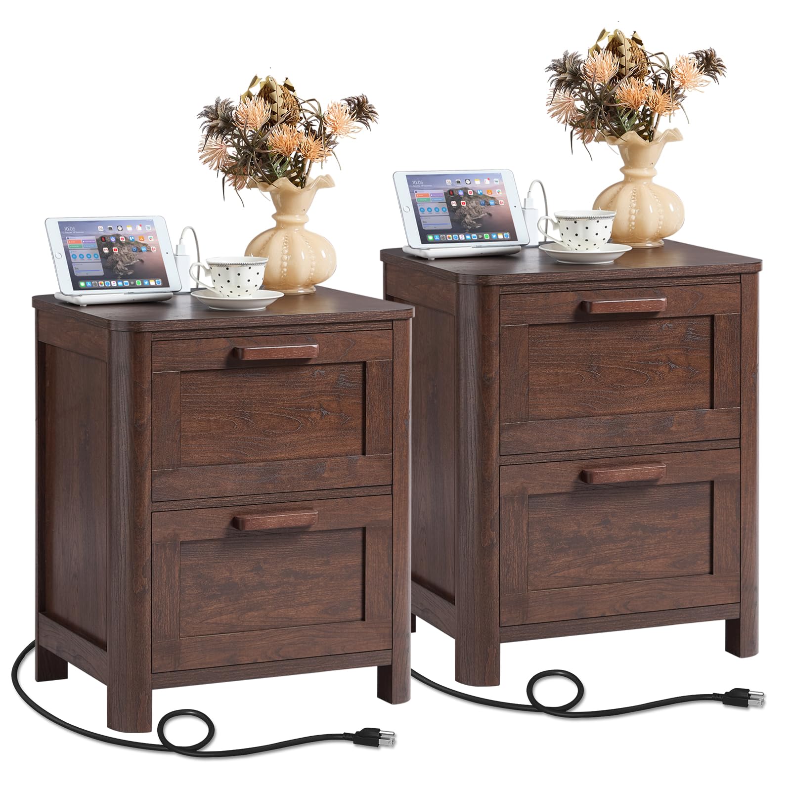 Farmhouse Nightstand with Charging Station, End Tables Bedroom with 2 Large Drawers & 4 Thickened Table Legs, Walnut