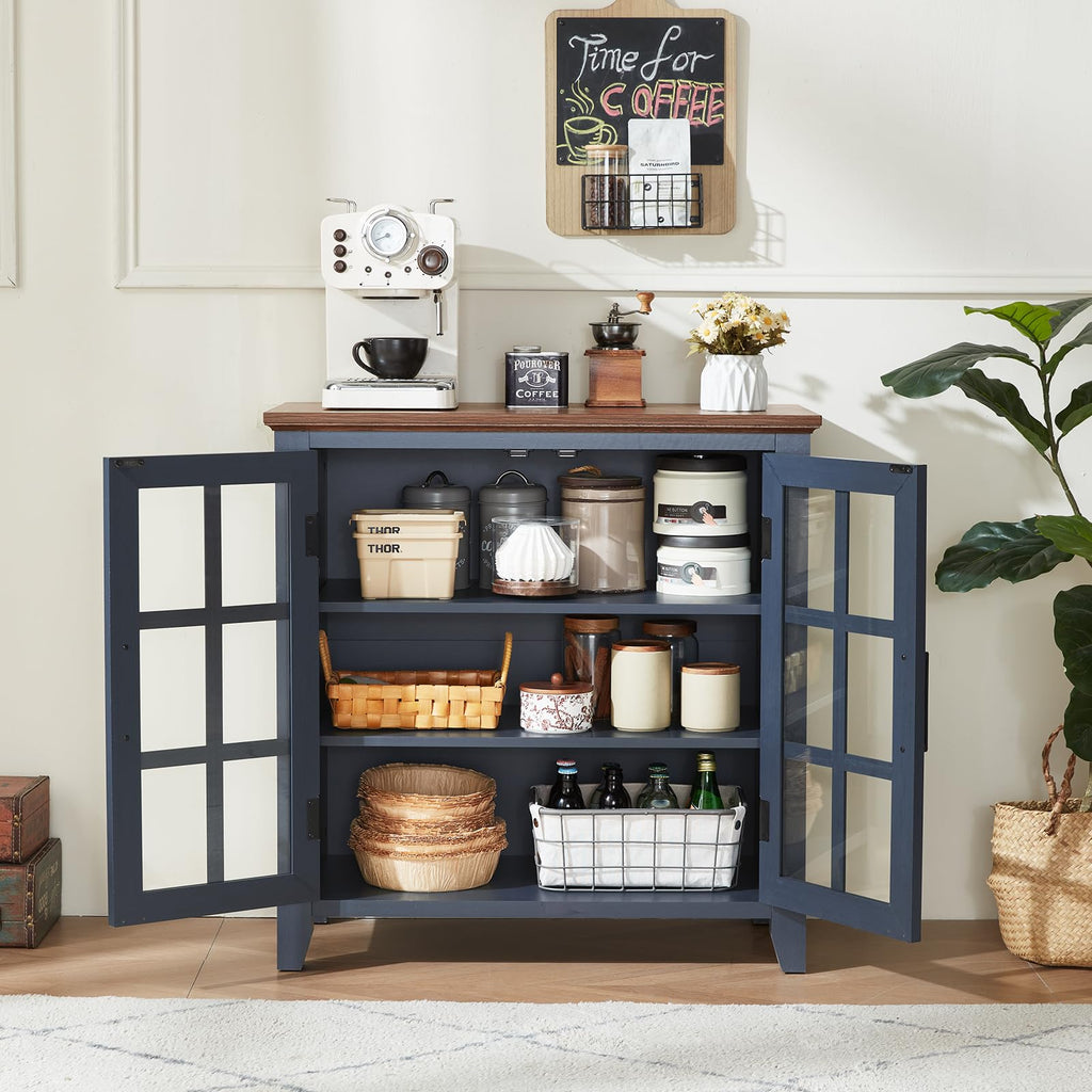 Blue sideboard buffet cabinet with two glass doors and open middle storage shelves