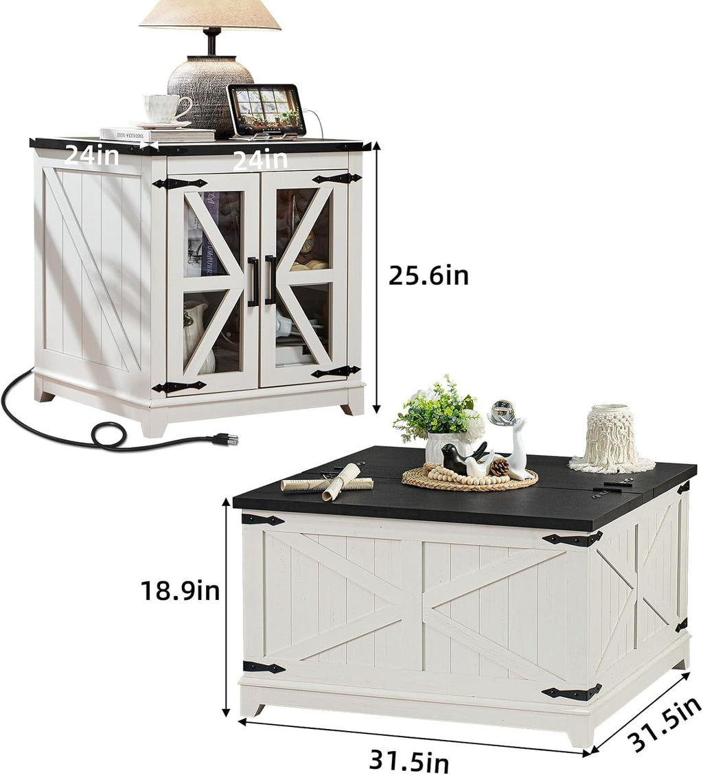 White lift-top coffee table with black surface and side cabinet storage