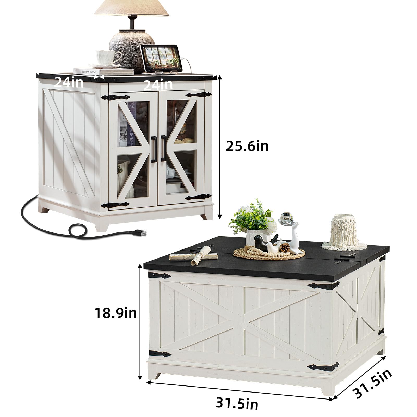 White 3-piece farmhouse table set with lift-top coffee table and end side tables