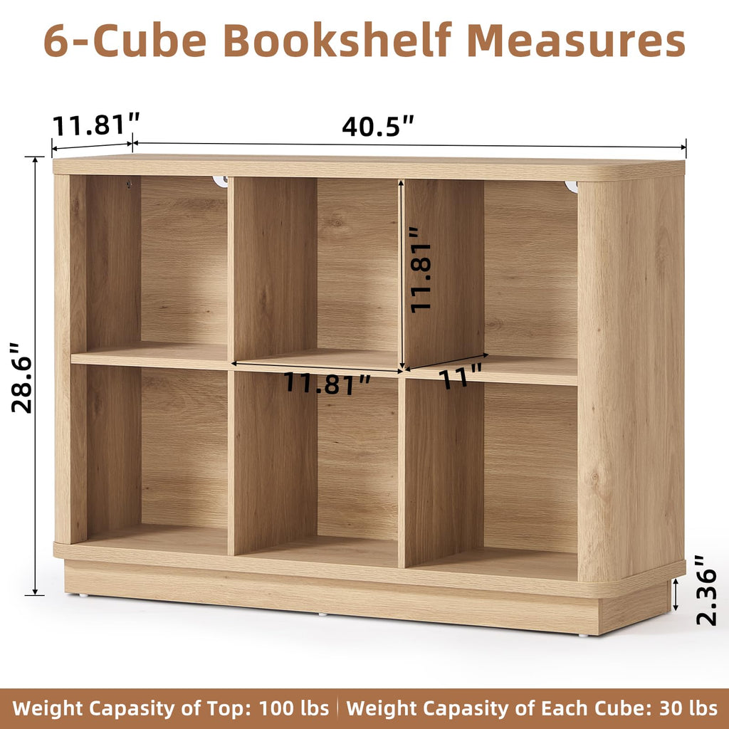 Light oak wooden cubby book shelf with open compartments and curved edge front