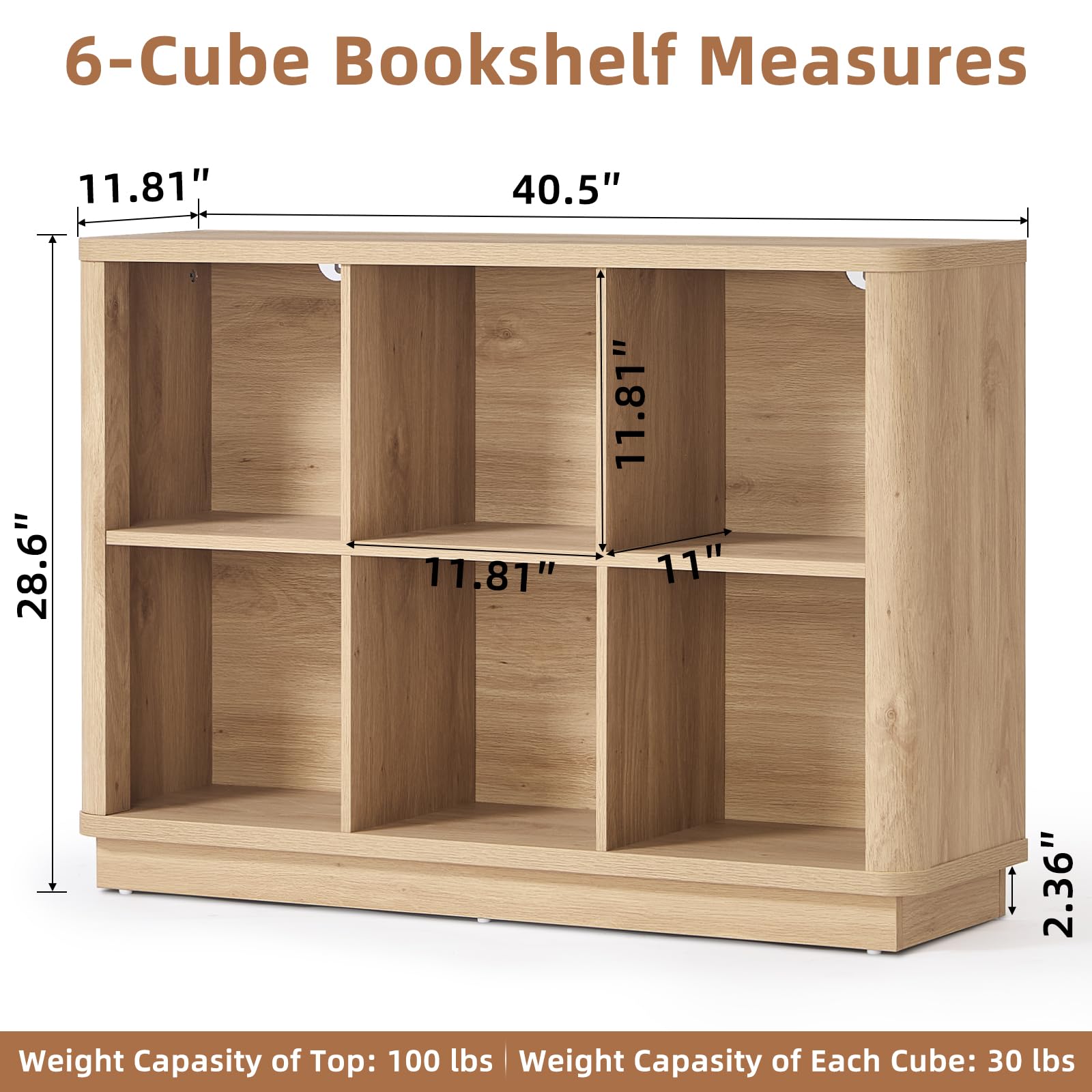 Light oak wooden cubby book shelf with open compartments and curved edge front