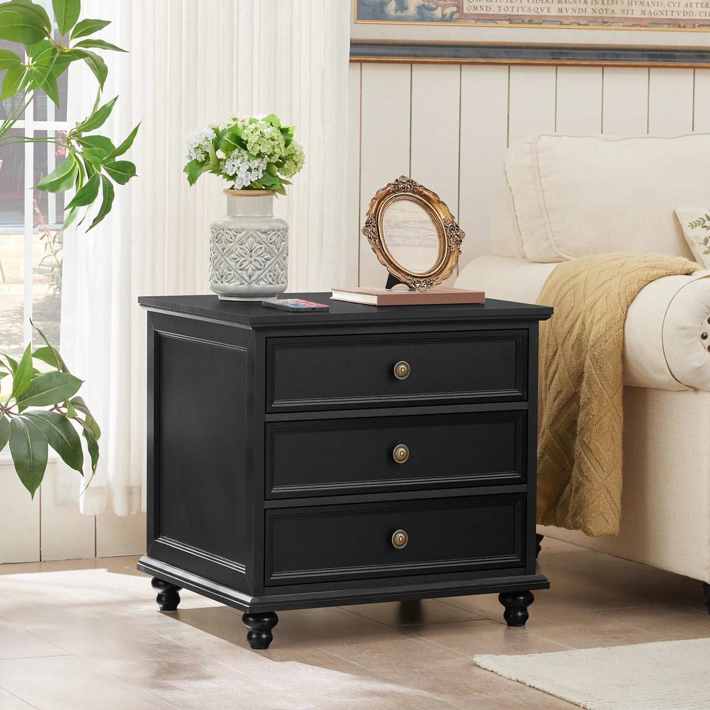 Black farmhouse dresser with three drawers and round brass knobs, solid wood legs
