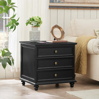 Black farmhouse dresser with three drawers and round brass knobs, solid wood legs
