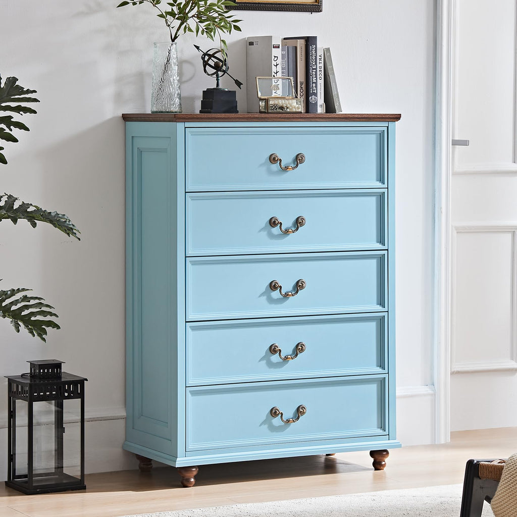 Light blue 5-drawer cabinet dresser with brass knobs and raised wooden feet