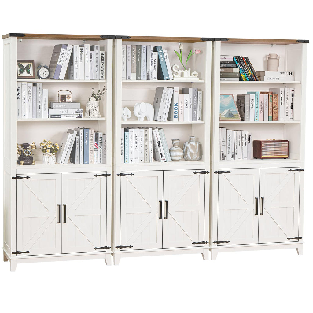 White tall bookcase with open shelves and three-door barn-style cabinet storage