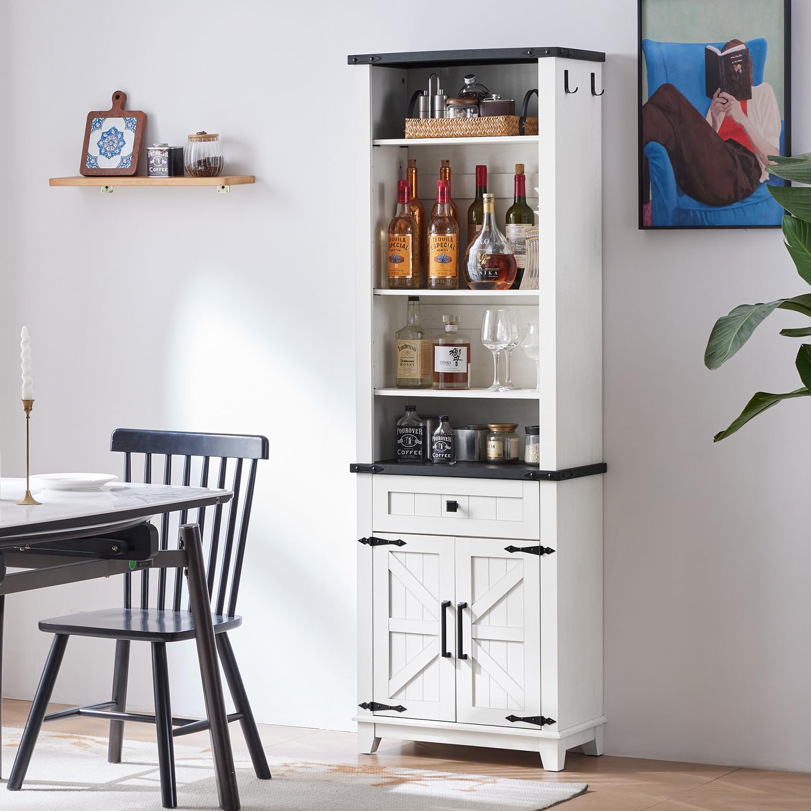Freestanding white bookcase with black top, 7 tiers, drawer, and barn doors