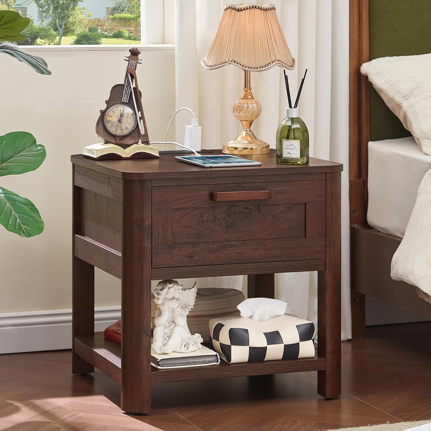 Dark walnut nightstand with drawer and open shelf, styled bedside storage