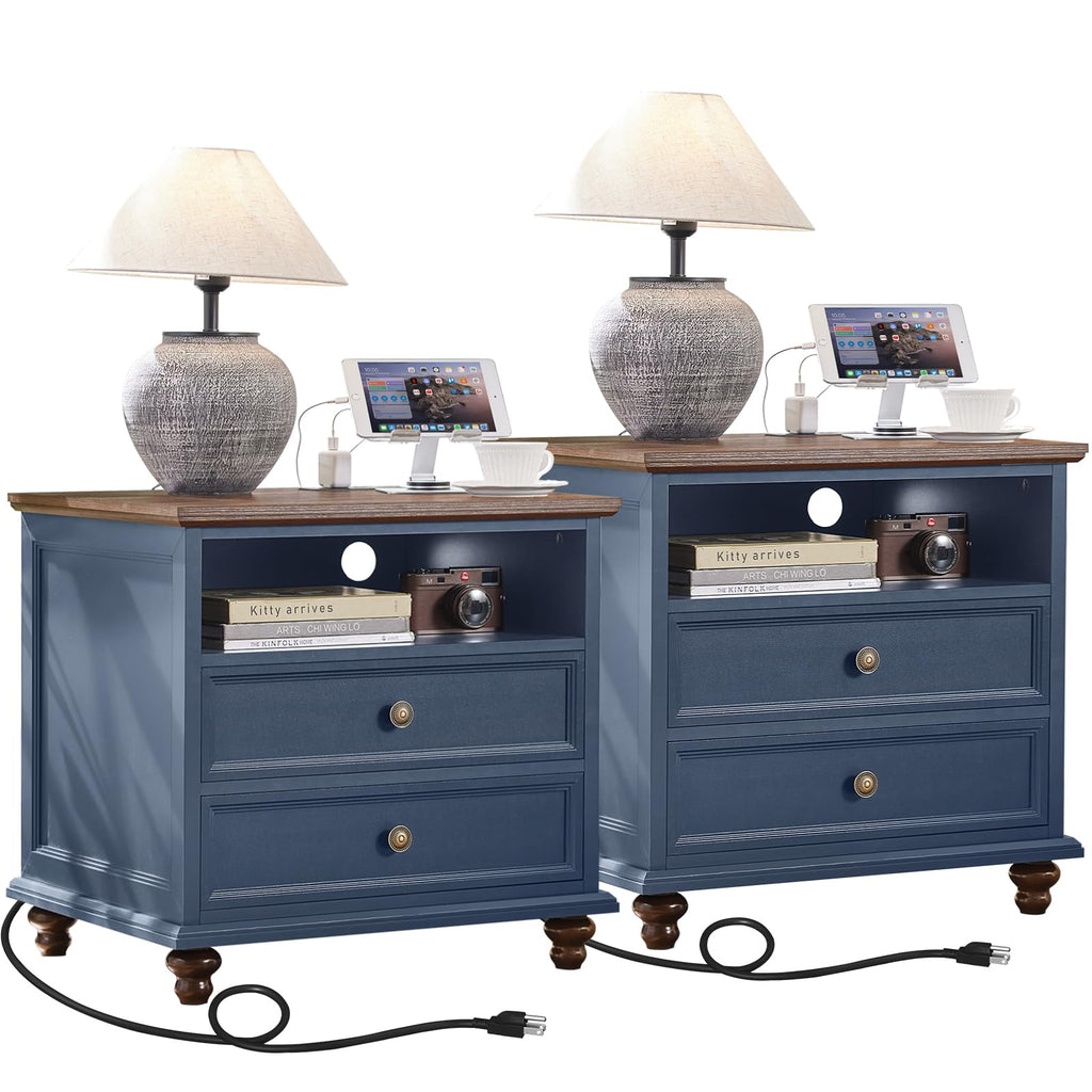 Blue wooden dresser with four drawers and bronze knobs, with two open top bays