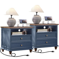 5-drawer navy blue wood dresser with brass knobs and two lamps on top