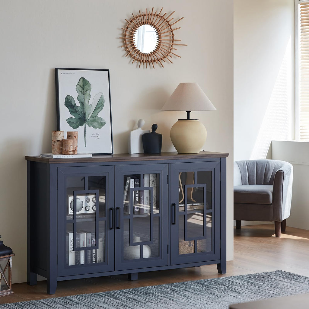Sideboard cabinet with dark blue frame, glass doors, and two storage compartments