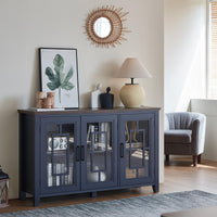 Dark blue sideboard cabinet with two paneled glass doors and storage shelves