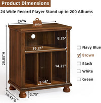 Brown wood record player stand dimensions diagram with cabinet shelves for vinyl records