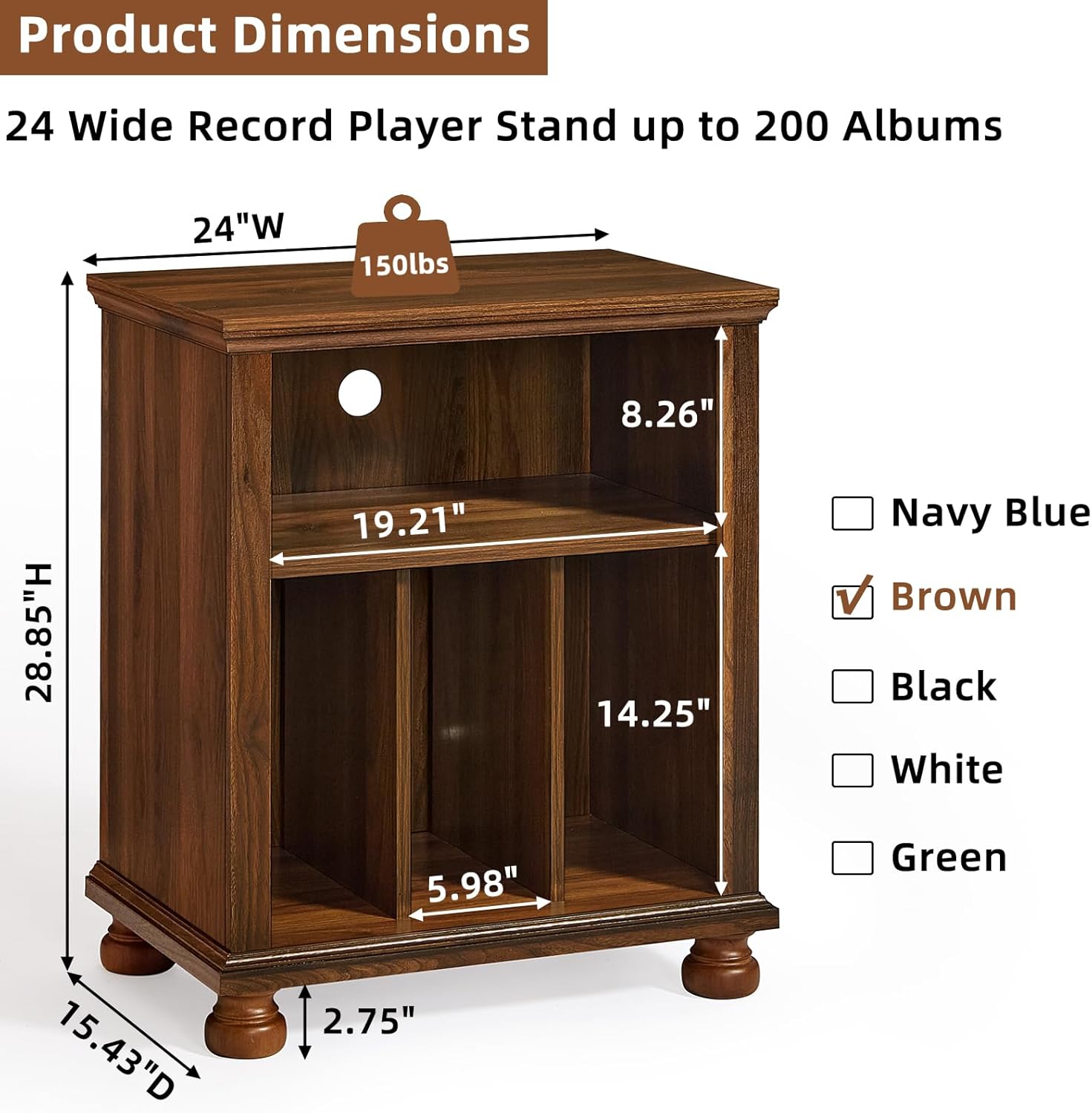 Brown wood record player stand dimensions diagram with cabinet shelves for vinyl records