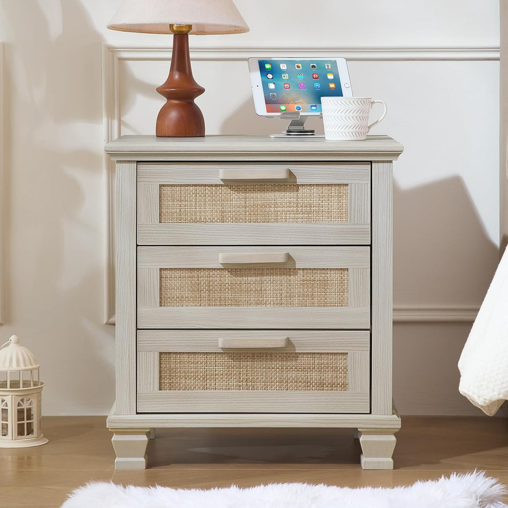 Wood bedside nightstand with three drawers and woven rattan fronts, open-lid profile