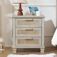 Wood bedside nightstand with three drawers and woven rattan fronts, open-lid profile