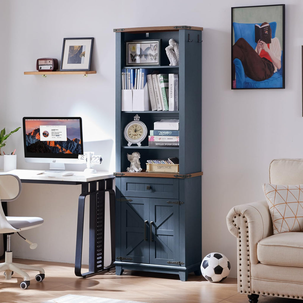 Dark blue bookcase with open shelves, drawer cabinet, and black top trim