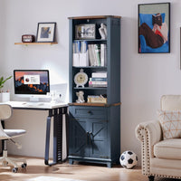 Dark blue 7-tier bookcase with drawer and barn doors, upper open shelf
