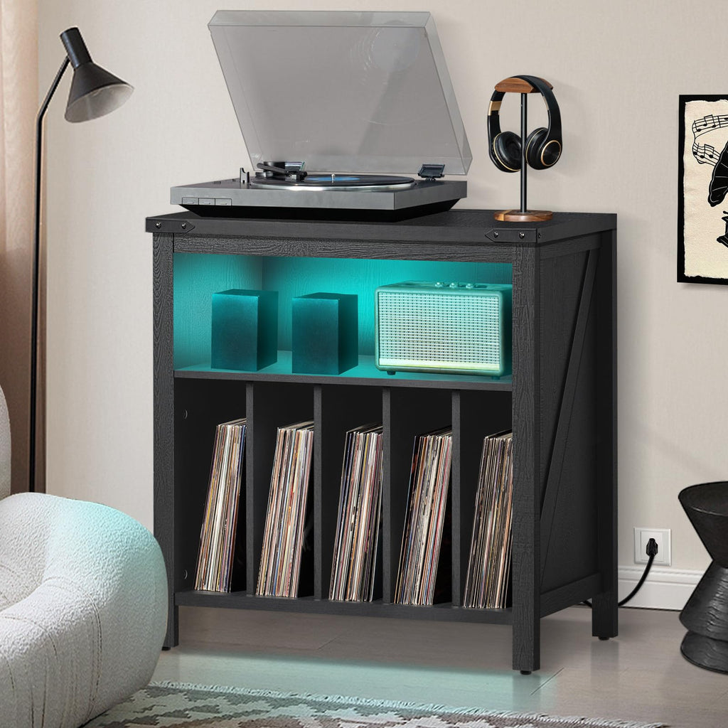 Black record player stand with turntable and blue LED interior vinyl storage shelves