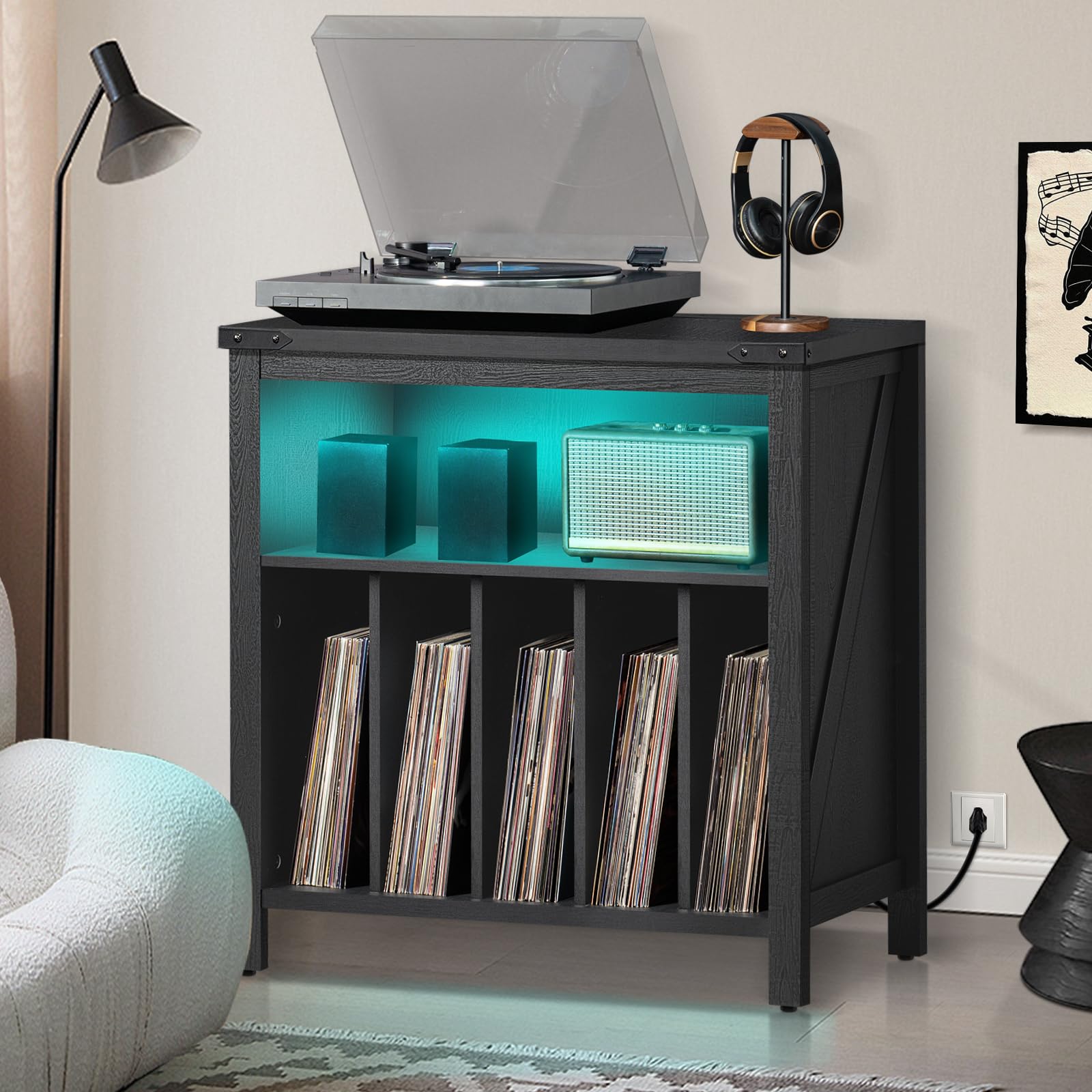 Black record player stand with turntable and blue LED interior vinyl storage shelves