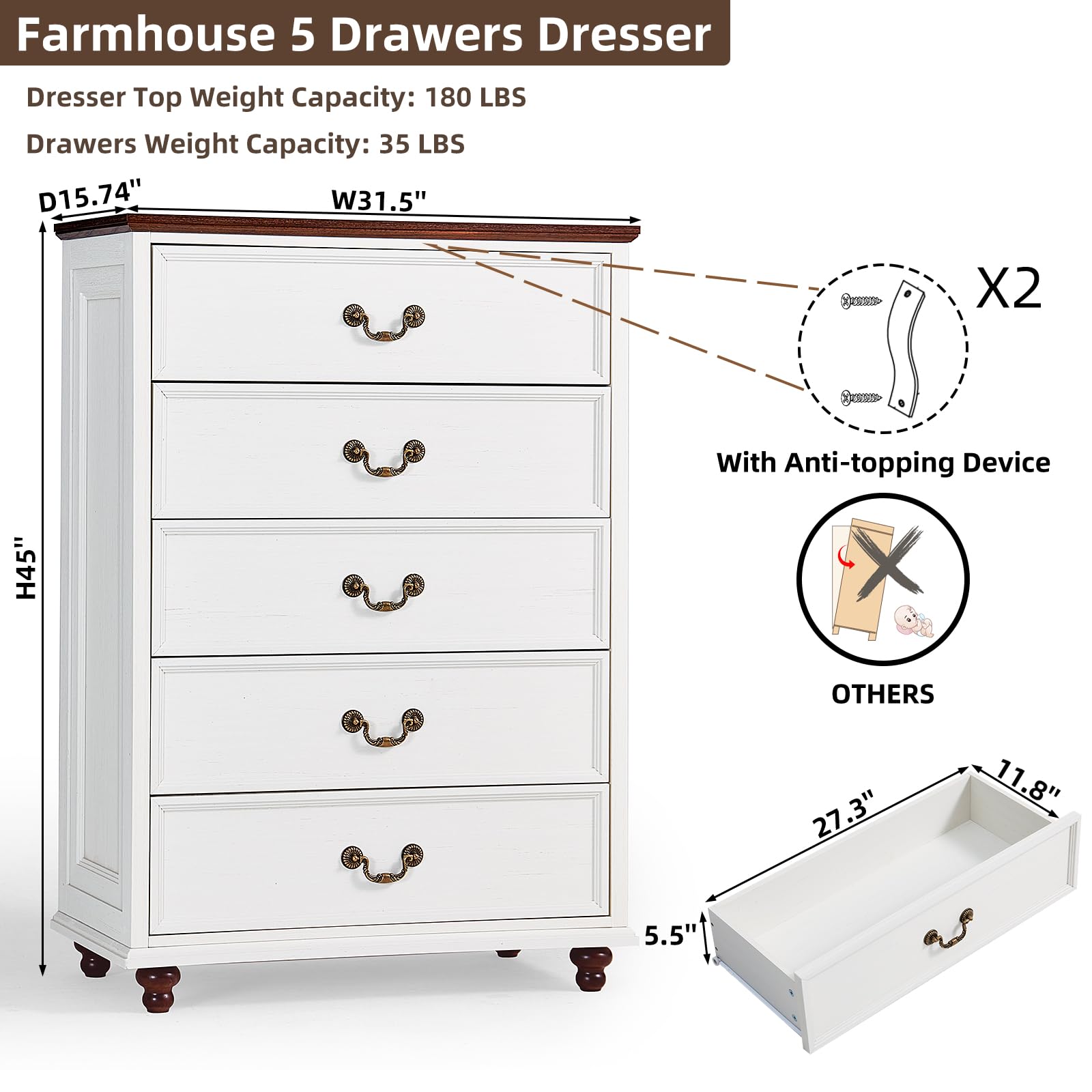 White 5-drawer dresser illustration showing dimensions and anti-tipping device