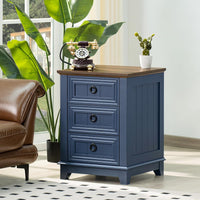 Navy bedside cabinet with wood top and three drawers, metal ring pulls
