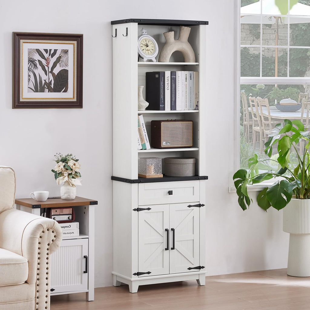 White tall bookcase with black top trim, open shelves, and lower drawer